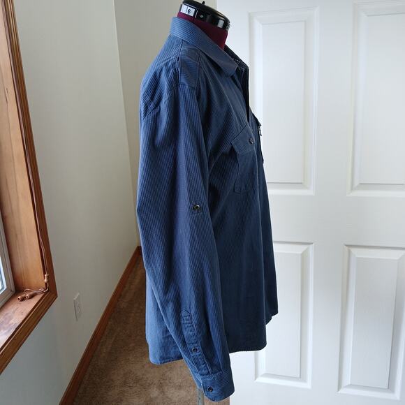 R&R Blue Cotton Button Up Shirt Mens XL long roll tab sleeves jacquard stripes - Picture 6 of 15